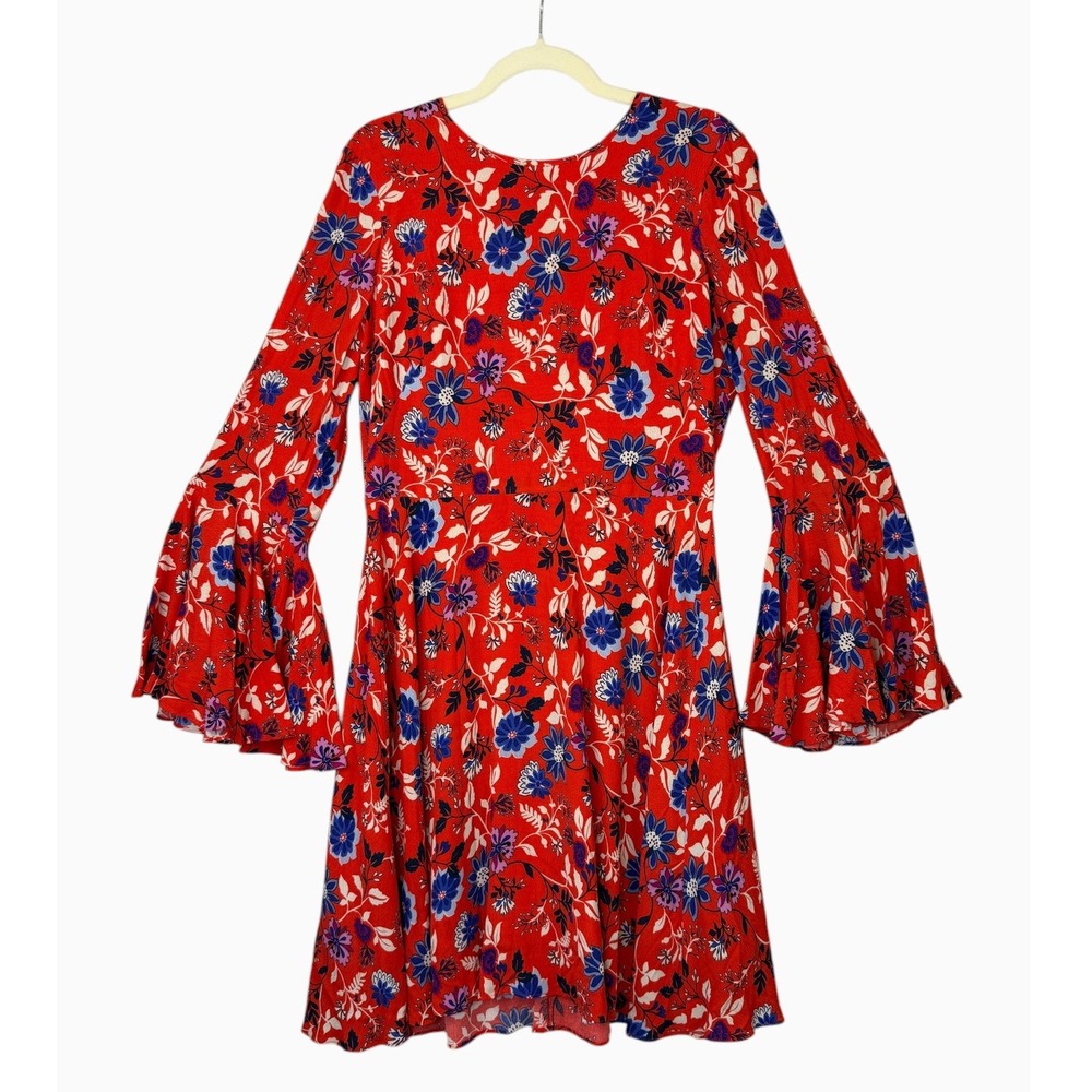 Donna Morgan Size 10 Red Floral Fit & Flare Dress Bell Sleeve Blue Purple
